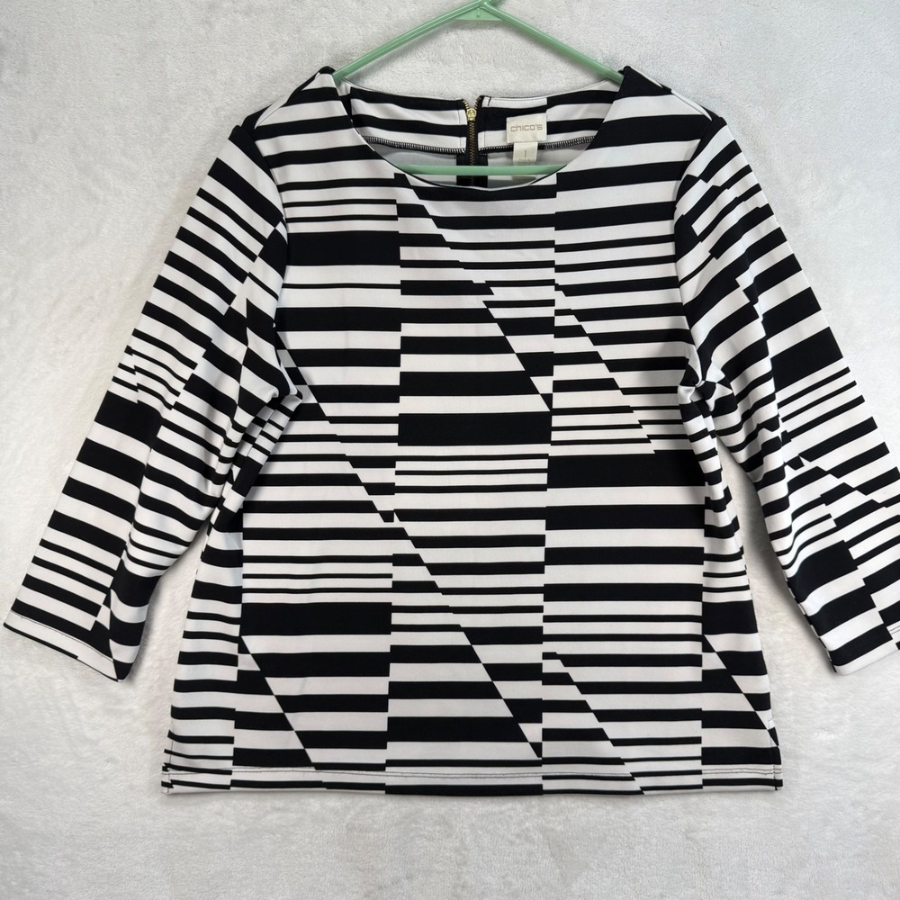 Chico's Geometric Print Top 3/4 Sleeve Stretch Blouse Black White Size 1 US M